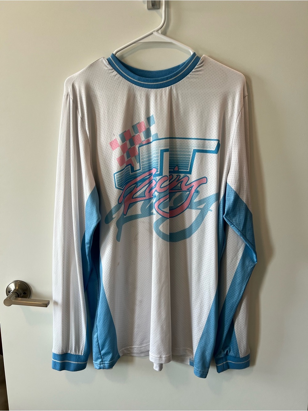 Long Sleeve Athletic Tee in White and Light Blue